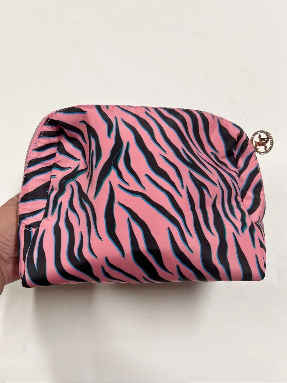 Juicy Couture Womens Puffy Pink Zebra Print Cosmetic Pouch Bag with Gold Logo